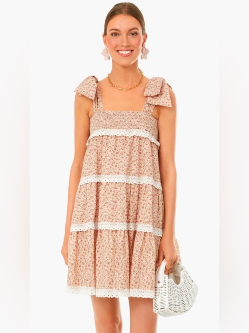 Floral Pink Tiered Midi Dress with Bow Shoulder Straps